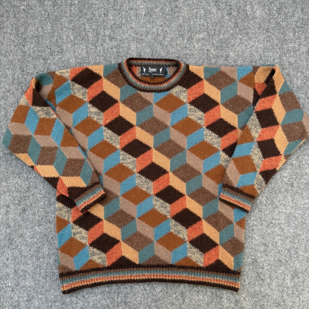 Vintage Roymar Mens 100% Alpaca Hand Made Bolivia Geometric Cube Sweater Large